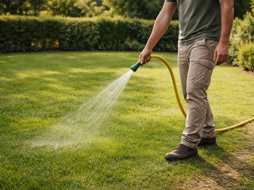 Un jardinier anonyme arrose une pelouse à tonte haute avec un tuyau, jardin simple au soleil.