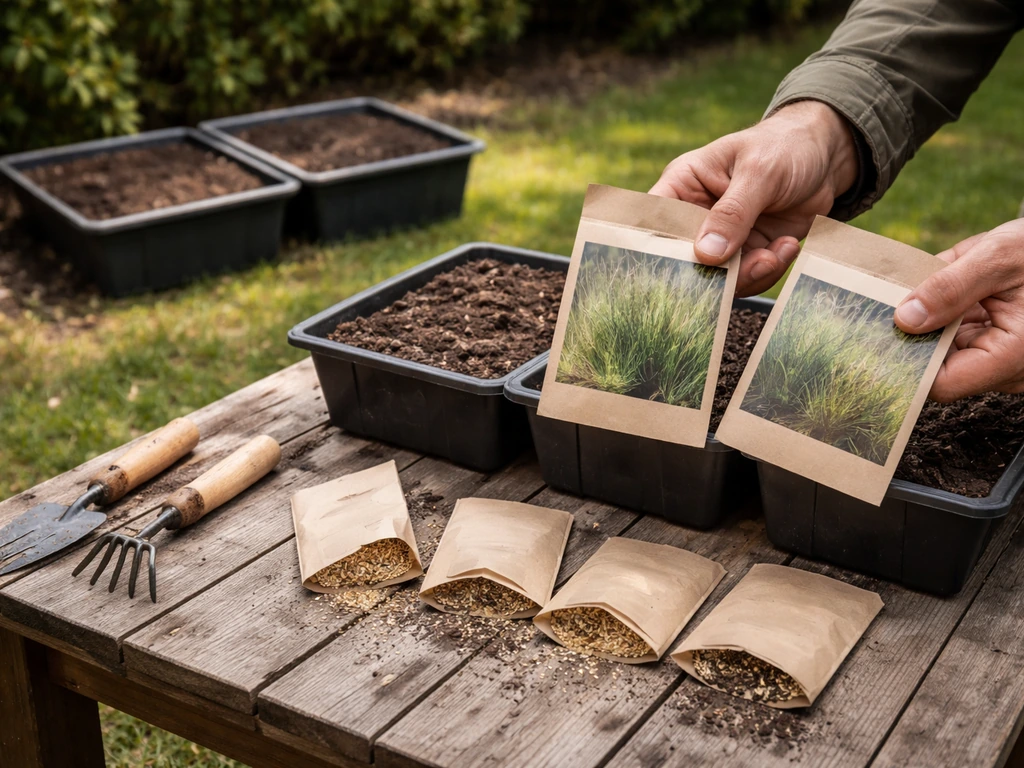 Paquets de semences de graminées et petits bacs de test de pelouse, jardin ensoleillé et zone plus ombragée.