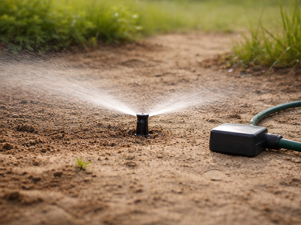 Arroseur au sol aspergeant un jardin, eau absorbée par la terre, arrosage profond et régulier.