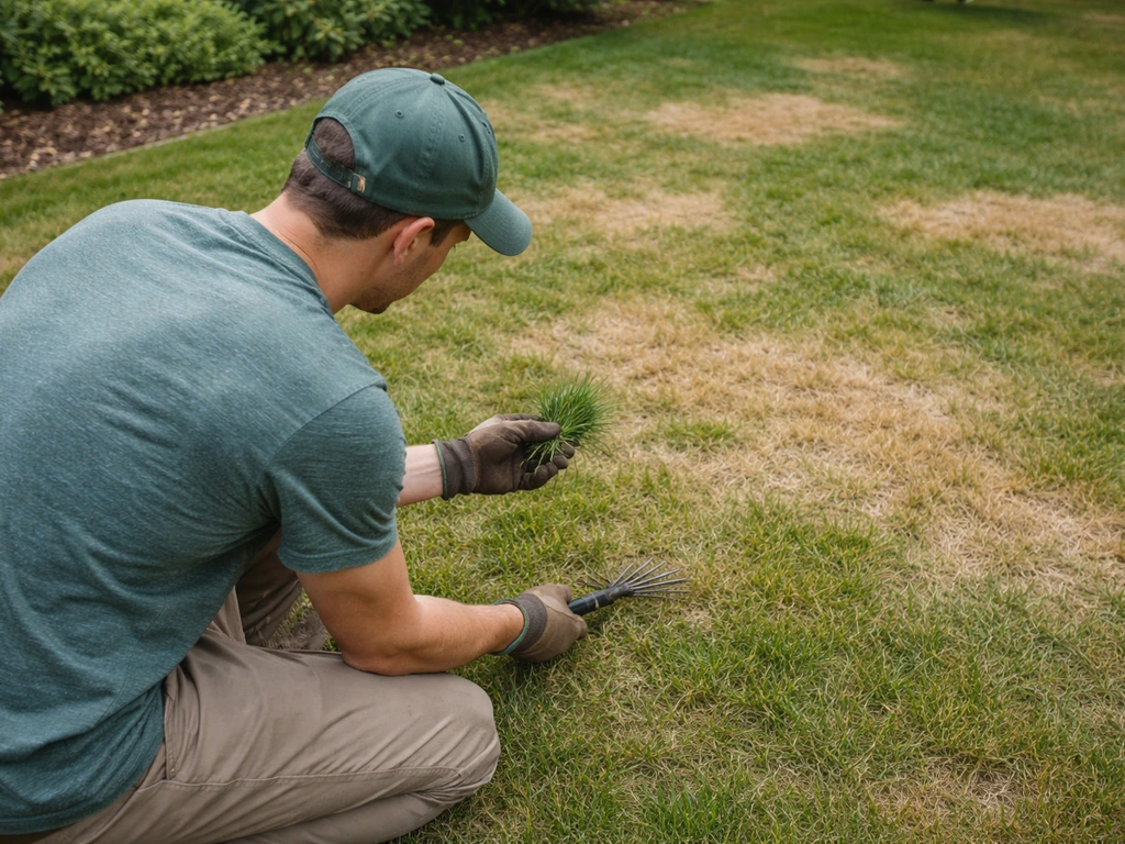 Un jardinier inspecte une pelouse avec des zones jaunies et brunies pour repérer la cause du problème.