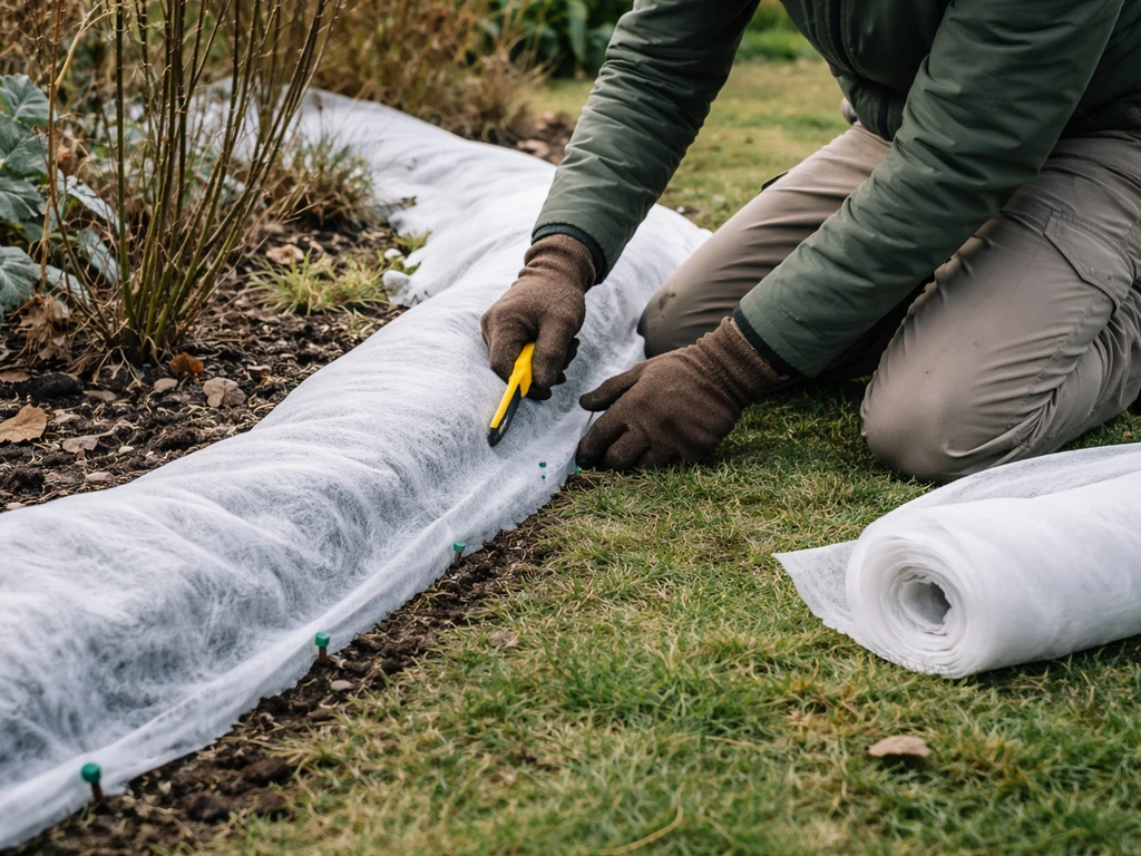 Un jardinier pose un voile sur une plate-bande, montrant une protection mécanique contre le froid.