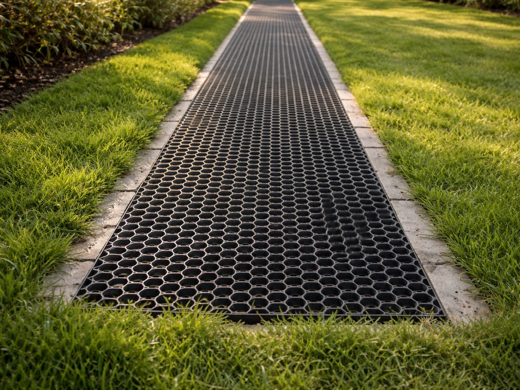 Passage piéton discret avec plaques alvéolées noires au sol, herbe préservée au bord d’un jardin.
