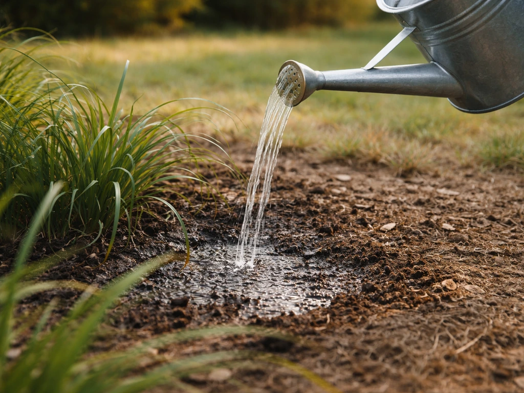 Arrosoir versant un fin filet d’eau au pied de brins d’herbe, terre humide en période sèche