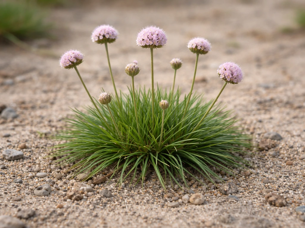 Rosette de feuilles d’Armeria maritima avec ses hampes florales en petits pompons rose pâle.