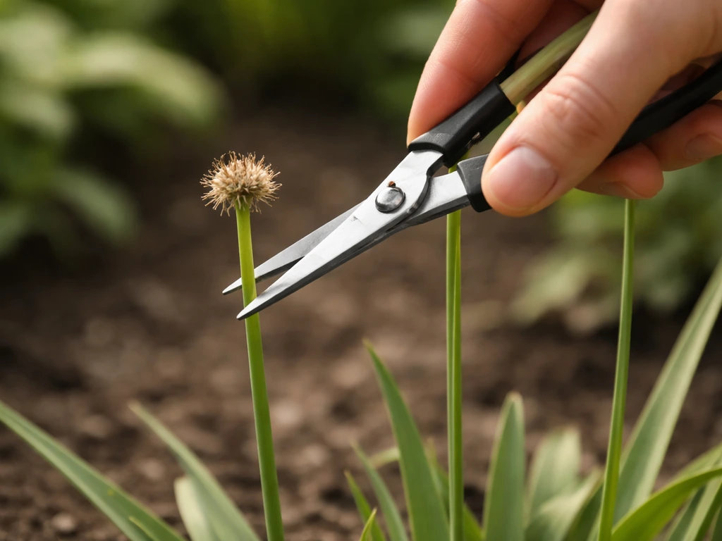 Gros plan sur la taille des hampes d’une plante, ciseaux à la base quand un pompon brunit.