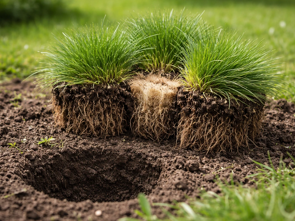 Division d’une touffe de gazon d’Espagne : bouchons séparés et cœur mis à nu, prêts à être replantés.