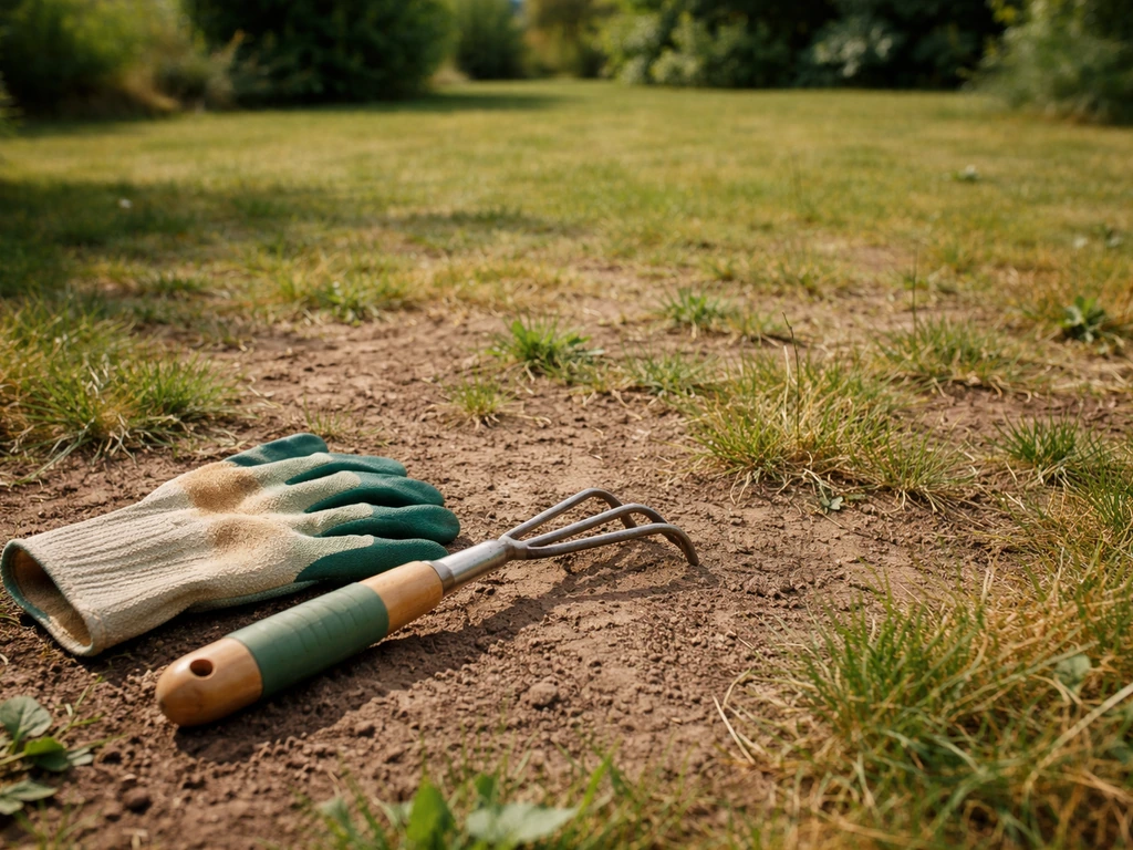Inspection d’un gazon clairsemé : gants et petite griffe posés au sol, signes de compaction visibles.