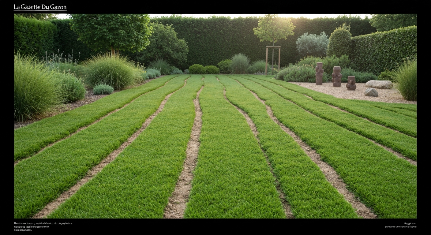 Gros plan d'une pelouse Zoysia « velours » dans un jardin d'inspiration japonaise, texture dense et vert profond.