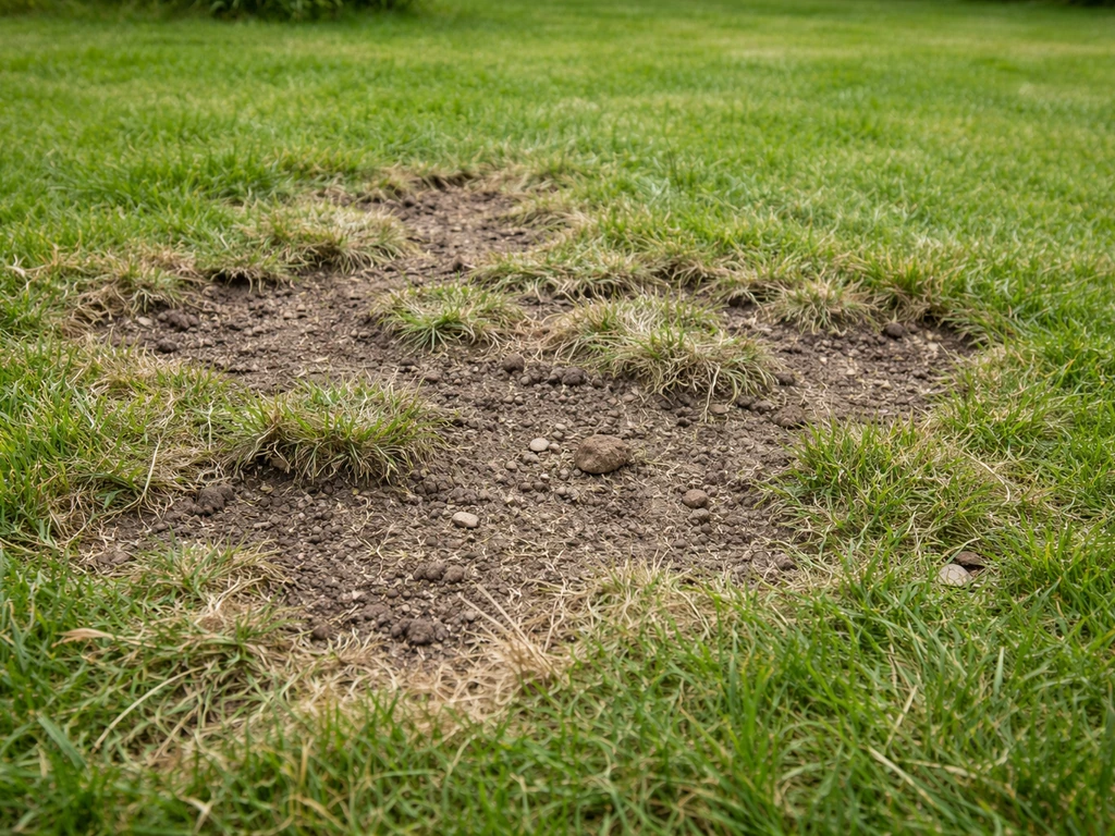 Gros plan d’une pelouse avec plaques irrégulières clairsemées et gazon qui se déchausse.