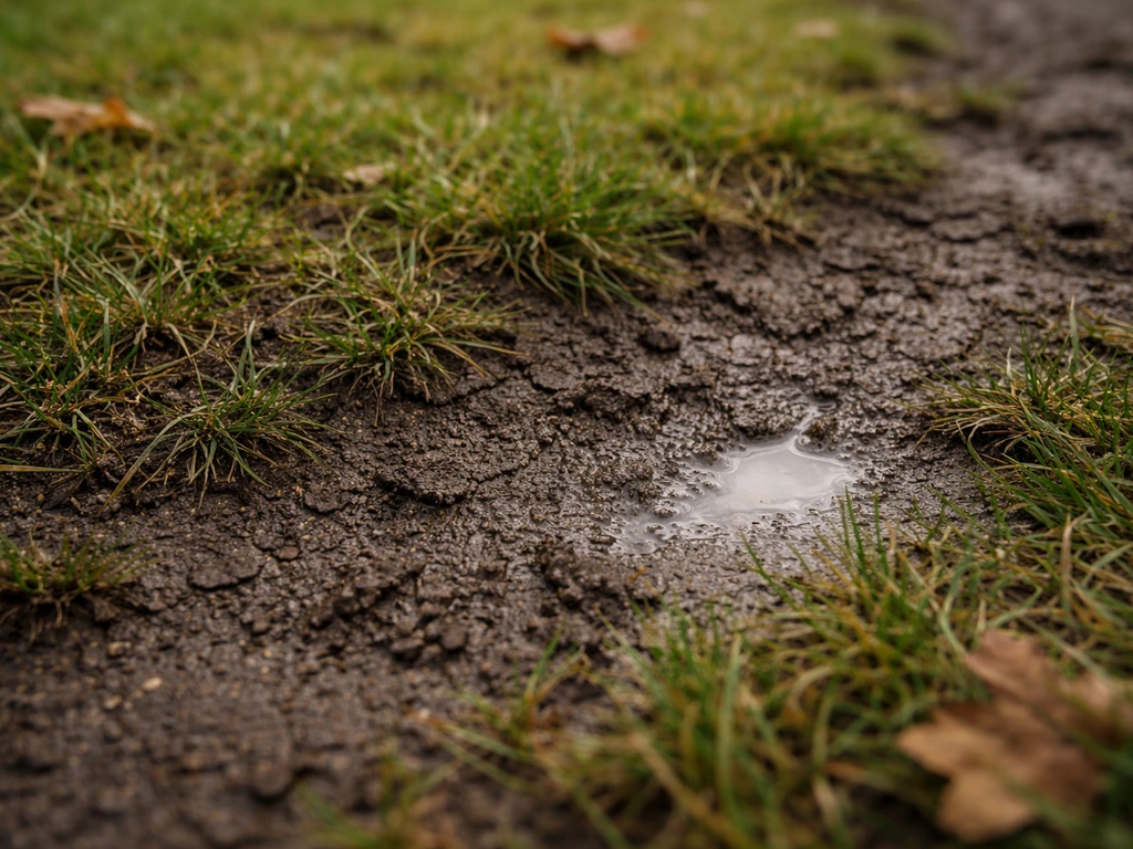 Gazon d’automne détrempé et sol compacté, montrant une zone humide favorable aux tipules.