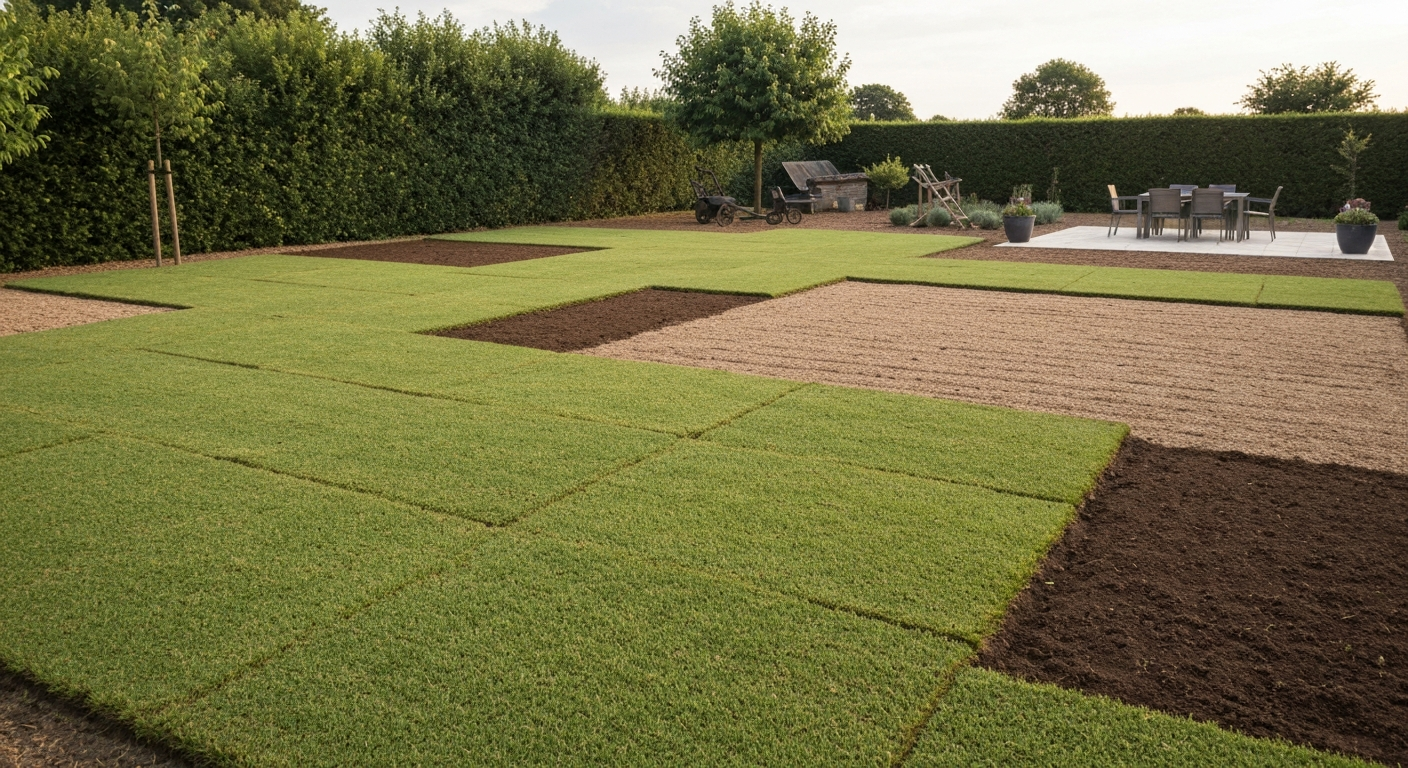 Pelouse parsemée montrant zones nues, touffes éparses et mousse, avec outils de jardin en arrière-plan.