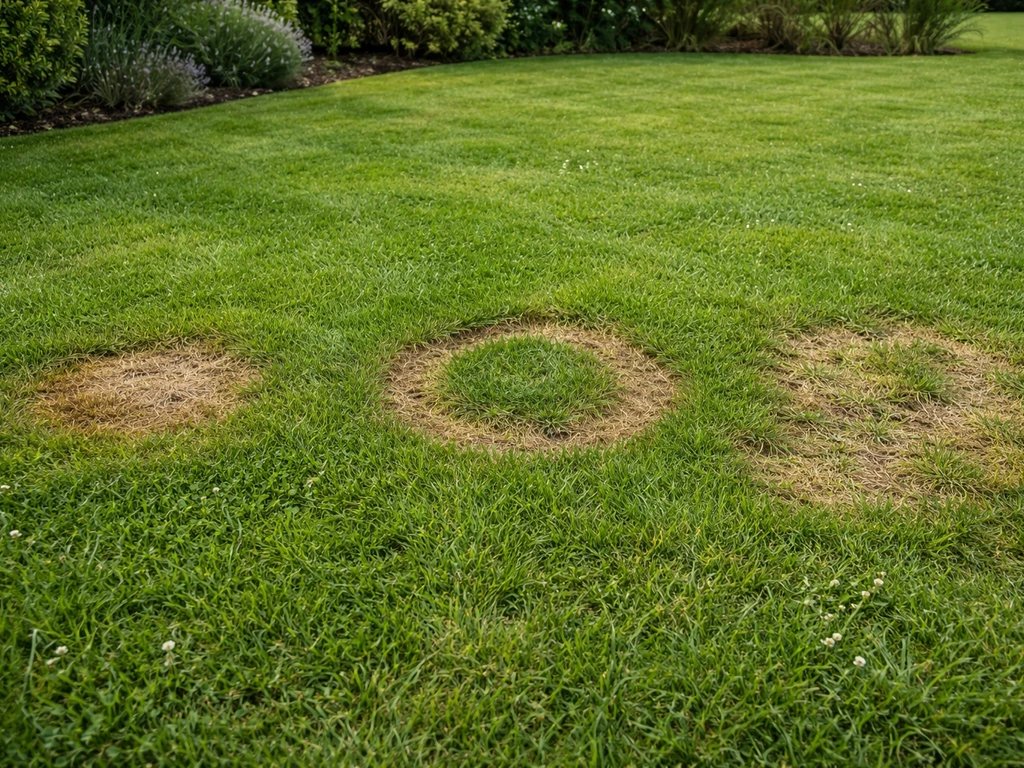 Gazon montrant trois zones de taches distinctes (centre brun, anneau nécrotique, herbe irrégulière) pour comparer les ma