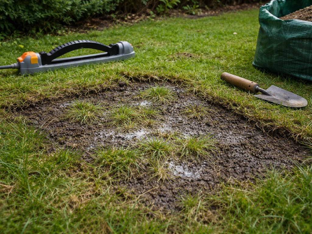 Chantier de pelouse : arroseur coupé, gazon soulevé et humide autour d’une zone de mycélium visible