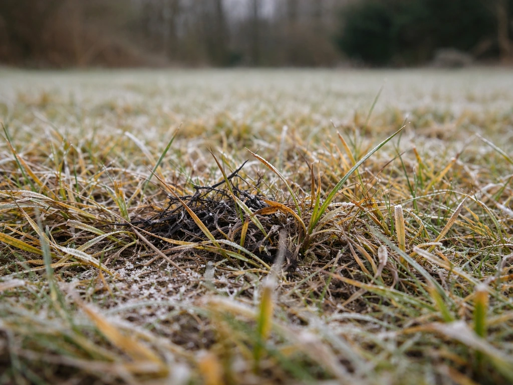 Pelouse de kikuyu brunie et jaunie après un épisode de gel, avec petites gouttes de givre au sol.