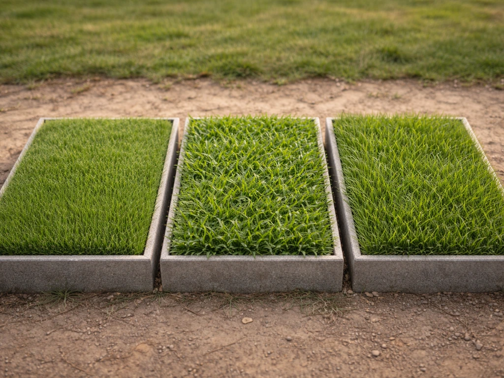 Trois bacs d’herbe côte à côte montrant des textures différentes entre « gazon japonais », Kikuyu et une autre graminée.