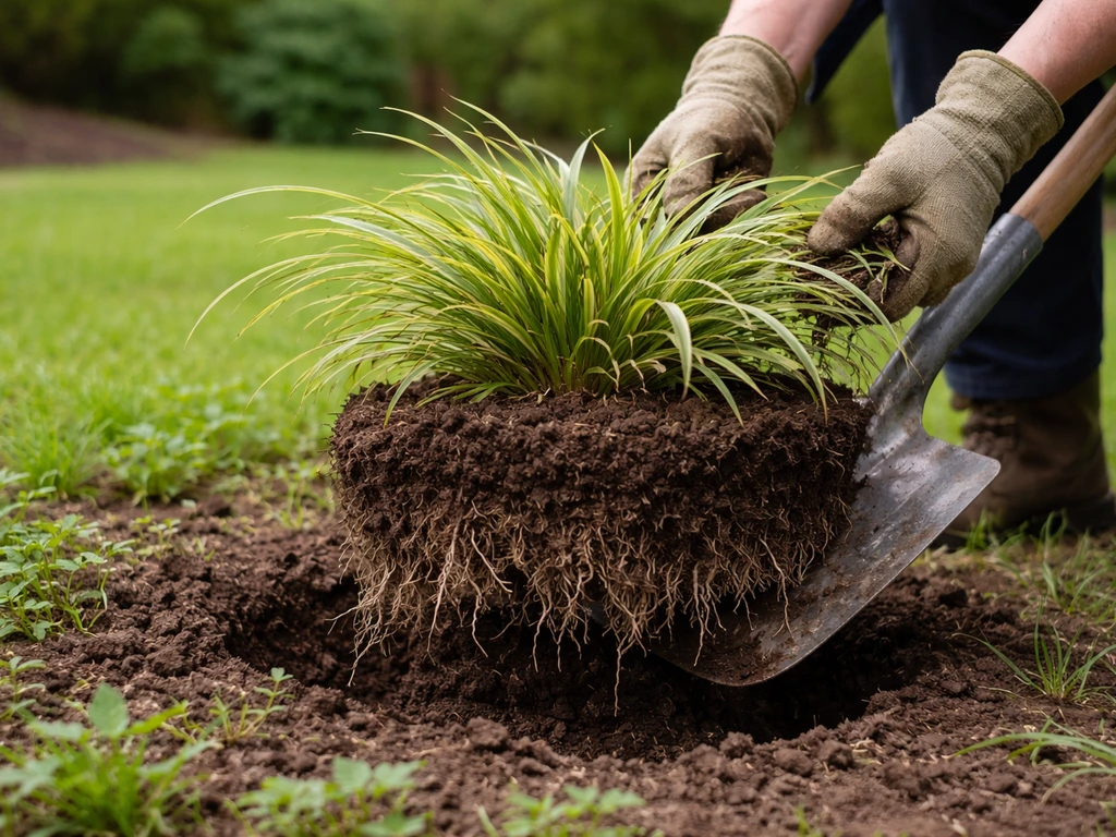 Bêche plantée au pied d’une touffe de fleurs, la motte soulevée avec racines visibles dans un jardin.