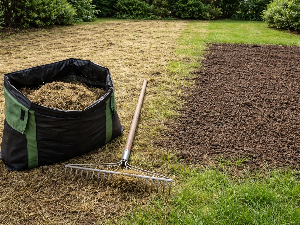 Zone de pelouse scarifiée avec feutre retiré, râteau et sac de ramassage, prête pour le sursemis.