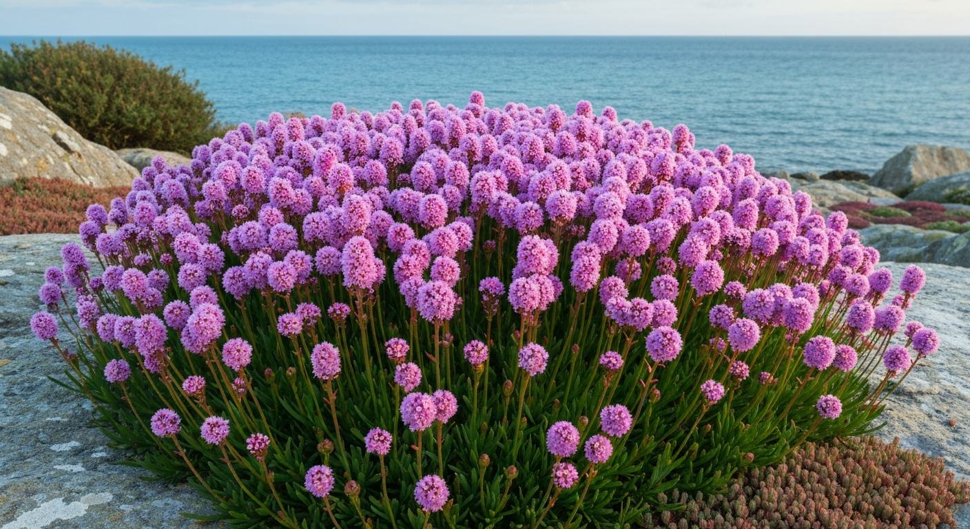 Touffes d'Armeria (gazon d'Espagne) en fleurs sur une rocaille côtière française, pompons roses et feuillage en coussin, mer en arrière-plan