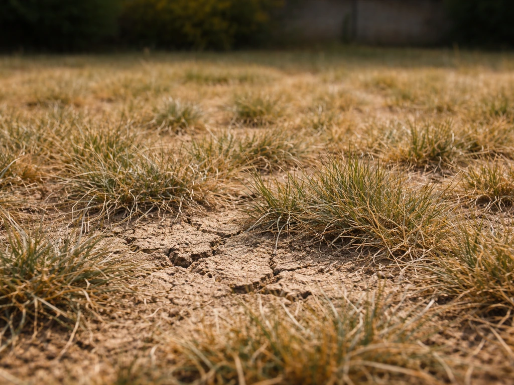 Pelouse de jardin très sèche en France, sol craquelé et brins gris-argenté indiquant un stress hydrique.