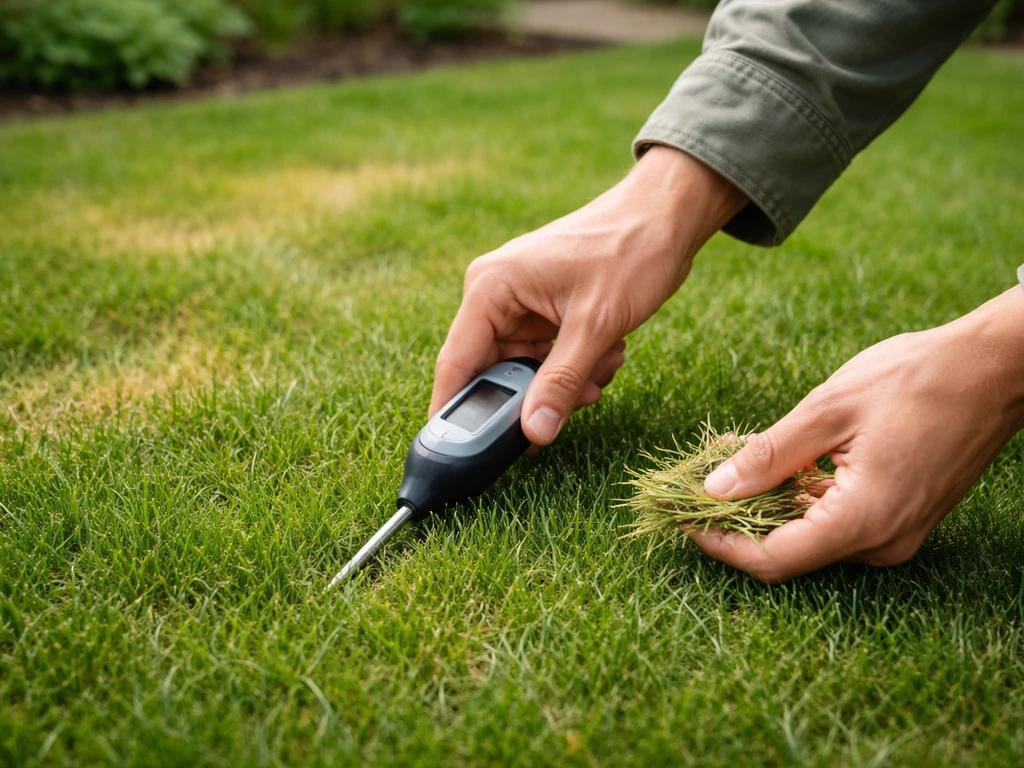 Main tenant un petit outil d’humidité et prélèvement de brins sur une pelouse présentant une zone diffuse.