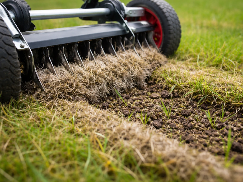 Gros plan : scarificateur gratte le chaume, la couche spongieuse est retirée, terre aérée.