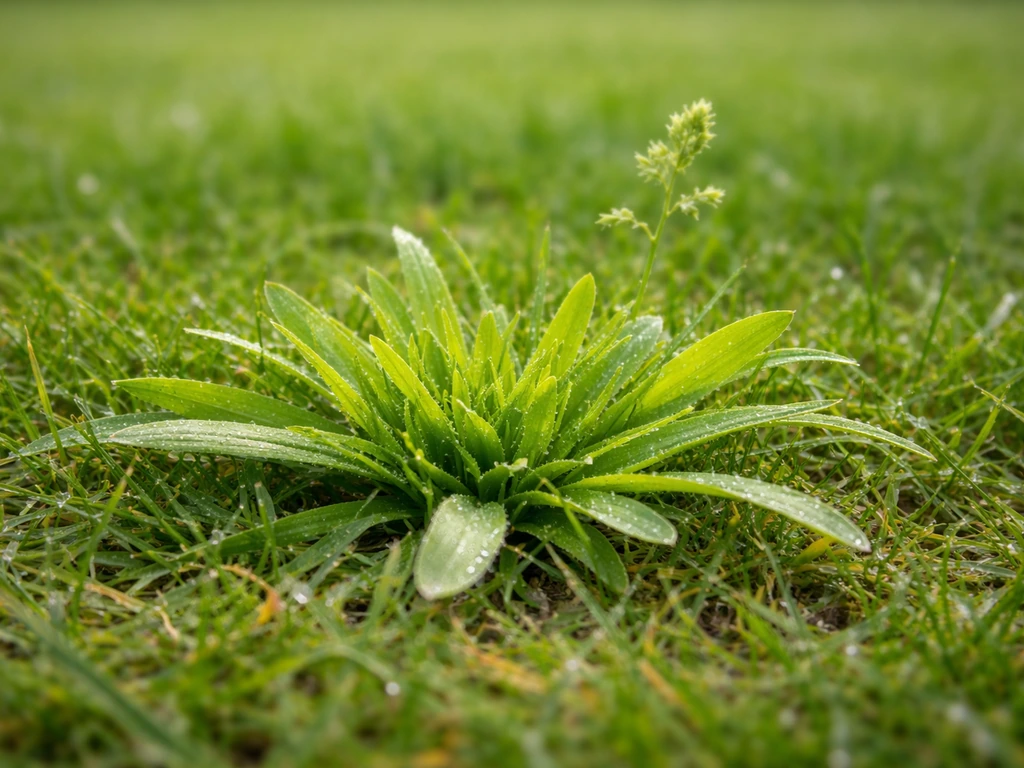 Gros plan d’une rosette basse de Poa annua vert clair sur une pelouse, avec épi blanchâtre très précoce si visible.