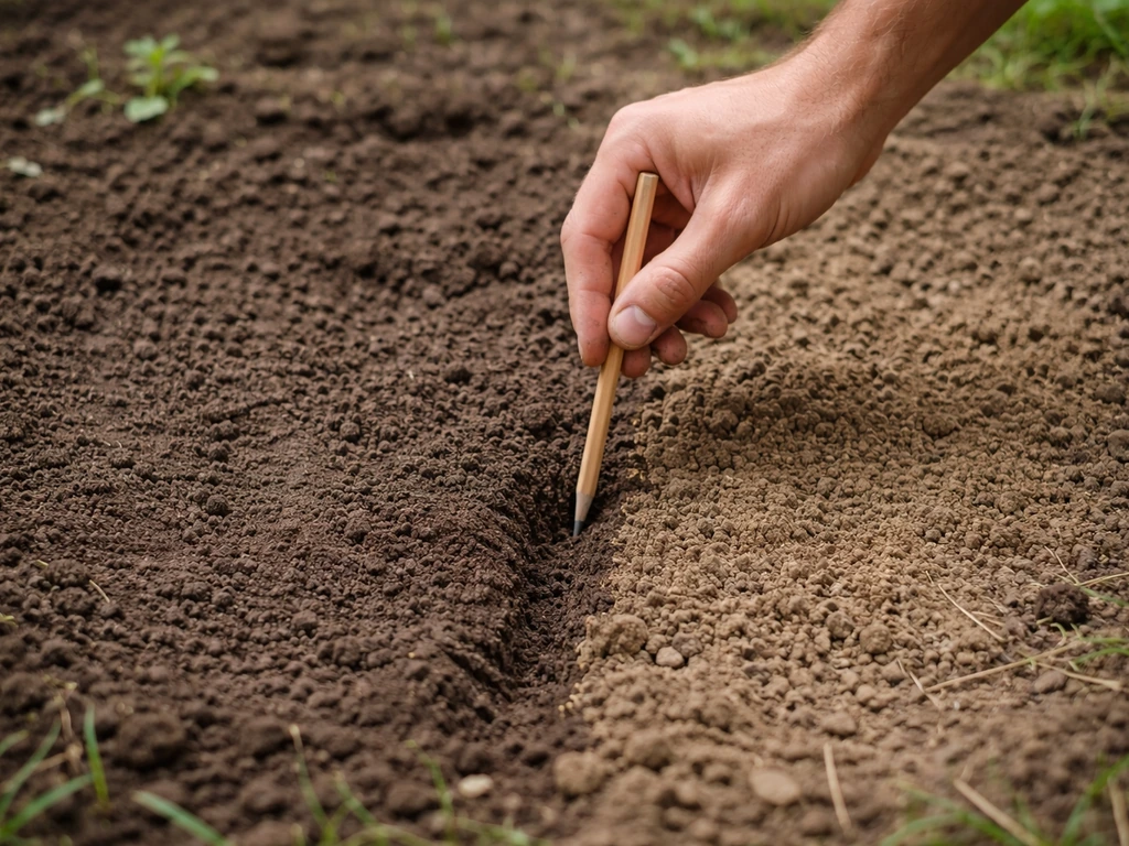 Main enfonçant un crayon dans la terre : différence de texture entre zone saine et zone compactée.