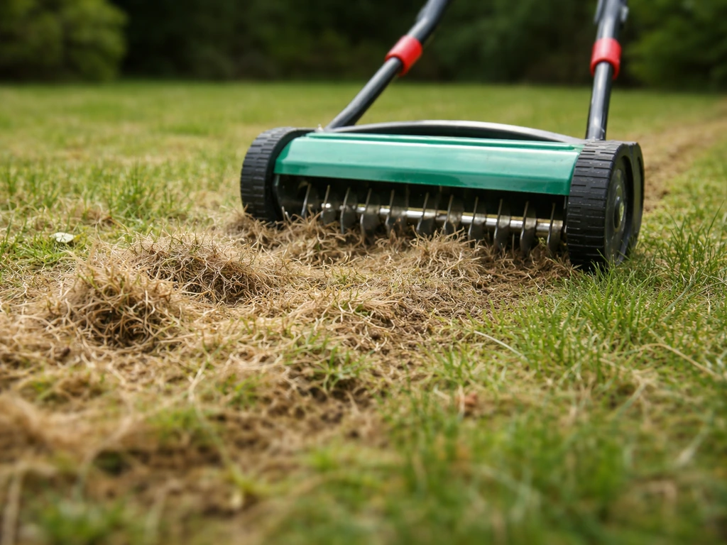 Scarificateur tiré sur une pelouse, révélant du feutre et de la terre avant sursemis