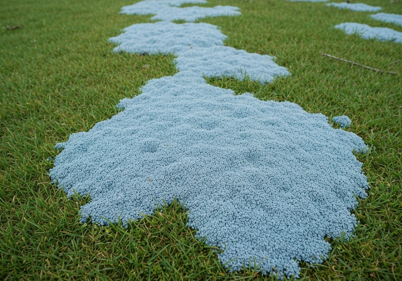 Gros plan d’une pelouse avec plaques bleu-gris irrégulières, montrant les zones touchées et la répartition.