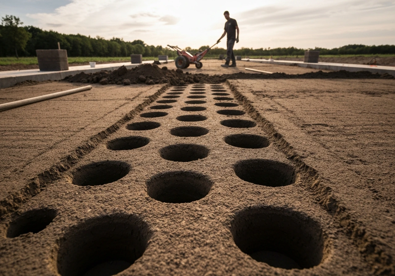 Extraction de bouchons de terre et de feutre avec un carottier, trous nets visibles dans un sol compact.