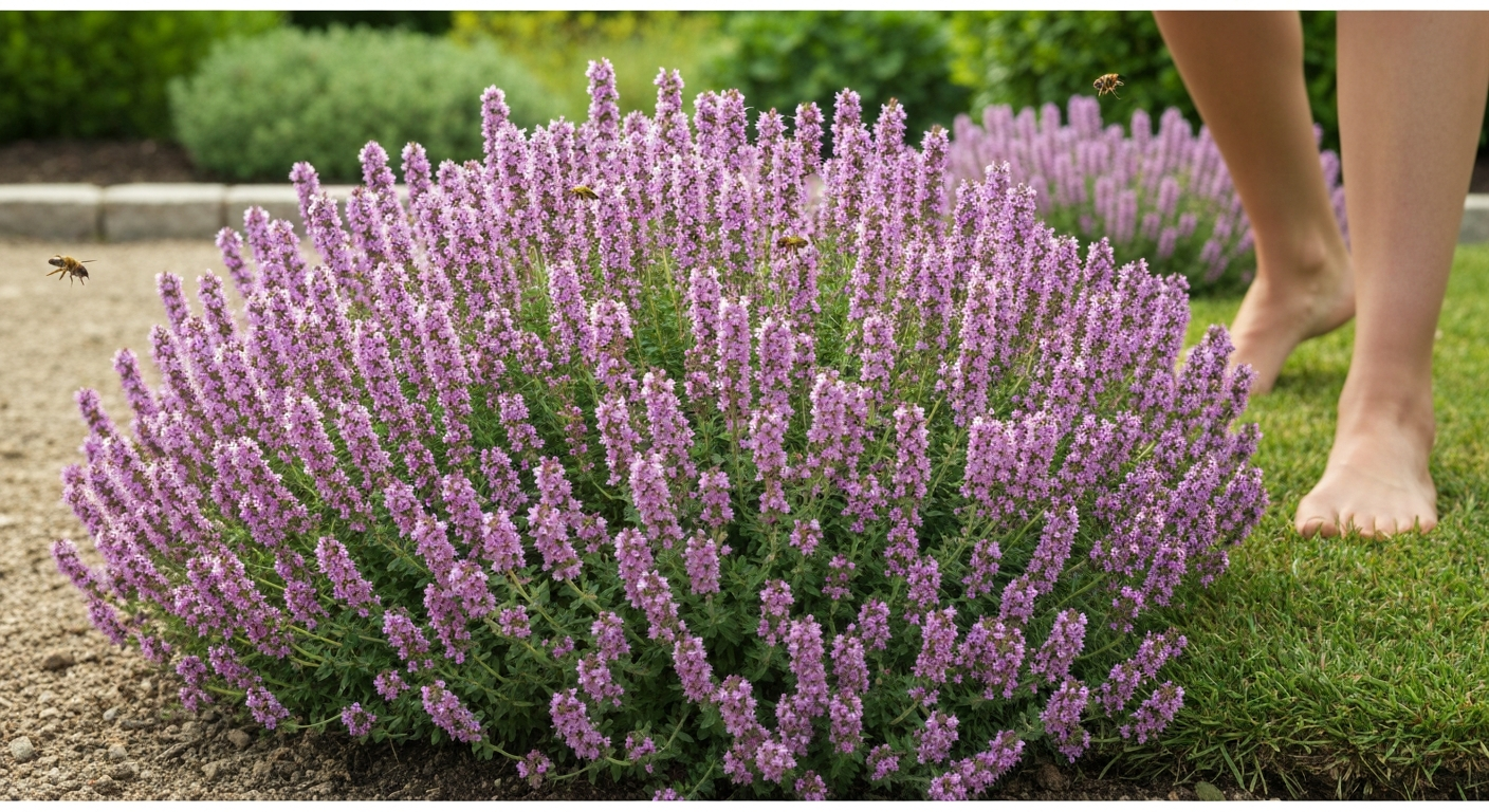 Tapis dense de Thymus serpyllum en floraison rose-pourpre dans un jardin français au couchant, avec dalles et gravier en arrière-plan et une paire de pieds marchant doucement sur le tapis, montrant la texture, les fleurs et des abeilles butinant.