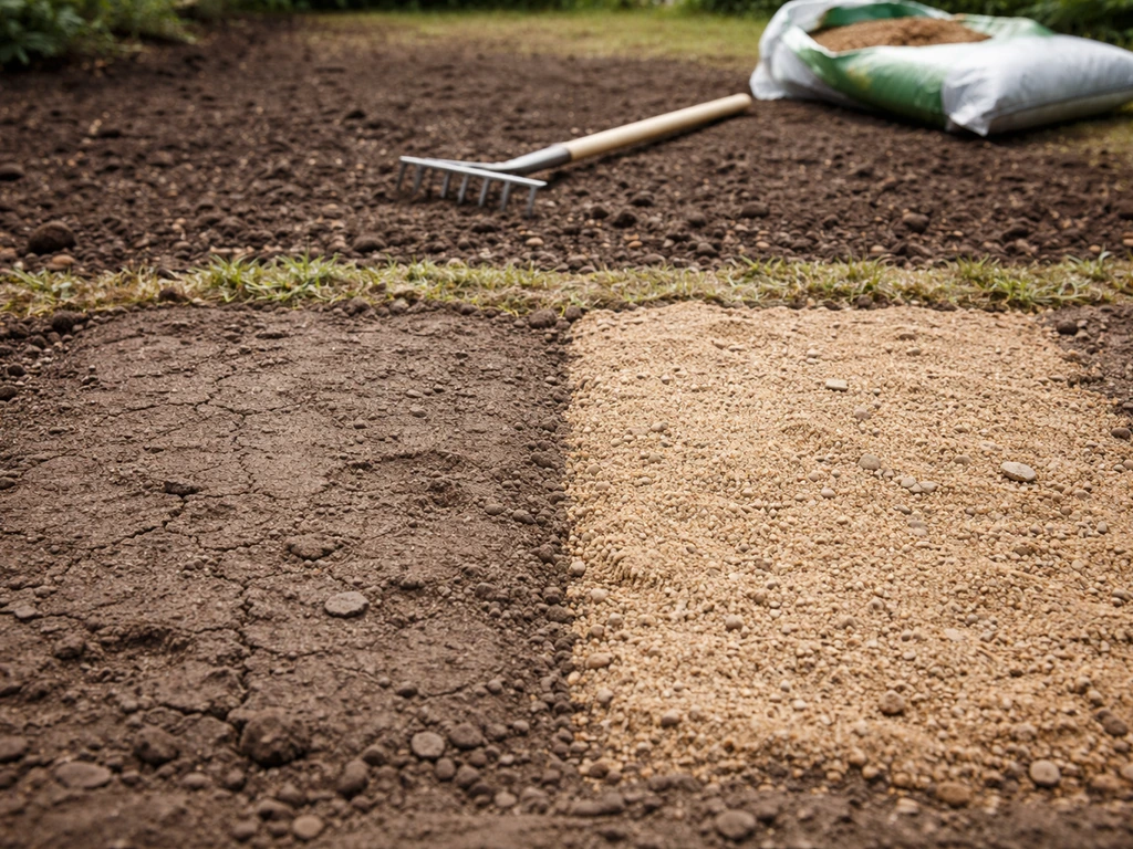 Comparaison de deux sols de pelouse : argile compactée à gauche et sable drainant à droite près d’une zone de semis.