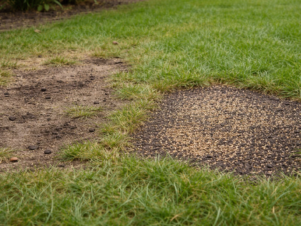 Pelouse clairsemée avec zones jaunies et trous, réparation de regarnissage sur la même surface.