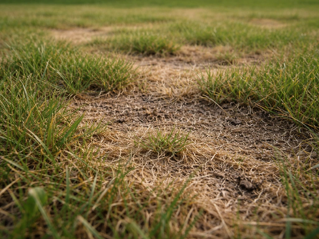Pelouse vue à genoux, gros plan au ras du sol montrant zones jaunies et brins d’herbe abîmés