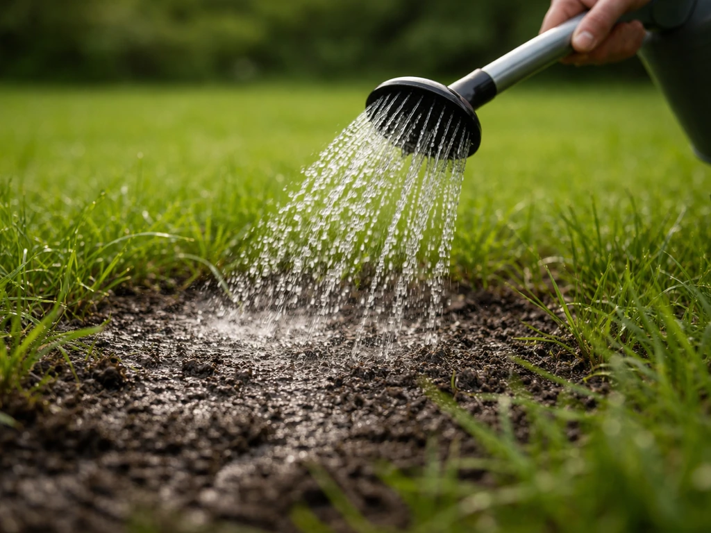 Arrosage d’une pelouse humide au arrosoir, sol visible, pour appliquer des nématodes contre les larves.
