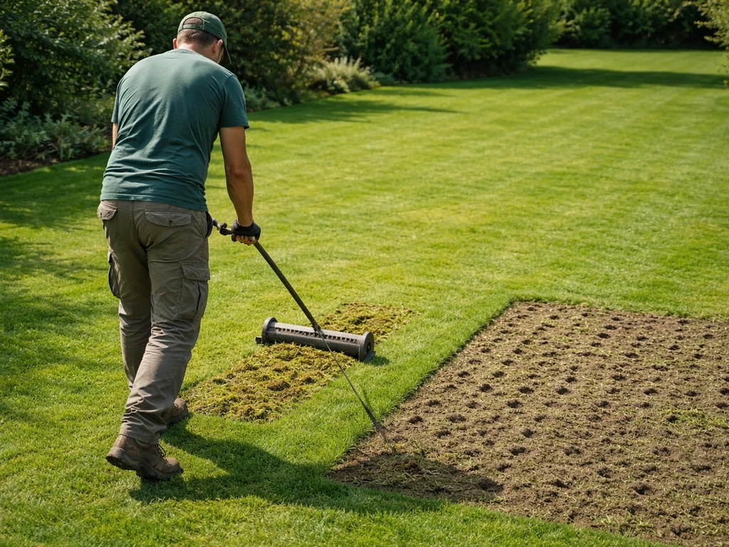 Jardinier scarifiant et aérant une pelouse, gazon dense et sain en arrière-plan, lumière naturelle.