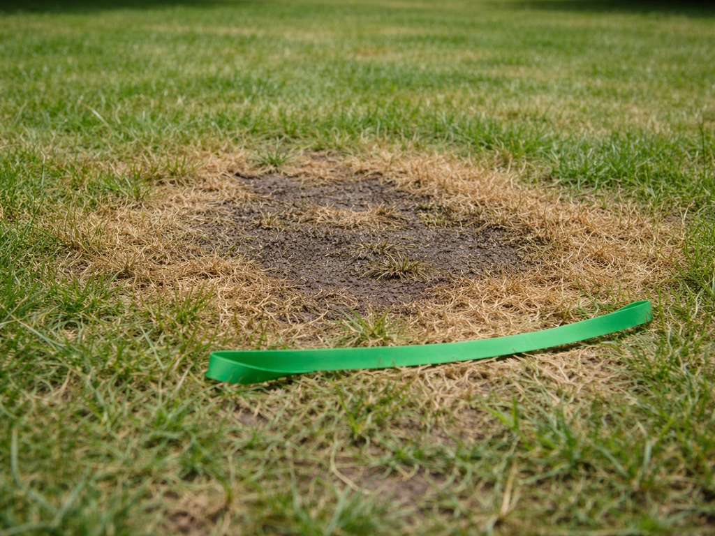 Pelouse de jardin abîmée par la rhizoctonia avec une zone centrale marquée pour traitement immédiat.