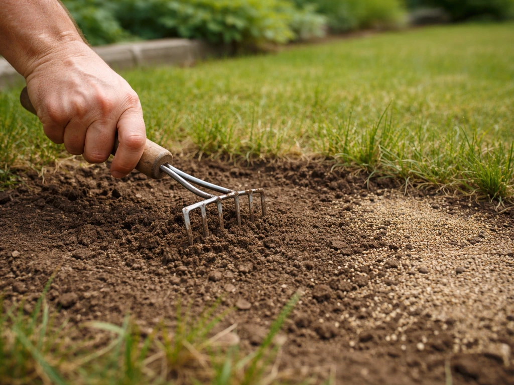 Jardinier en train de gratter et ratisser la terre avant de sursemer le gazon, sol nu et graines visibles
