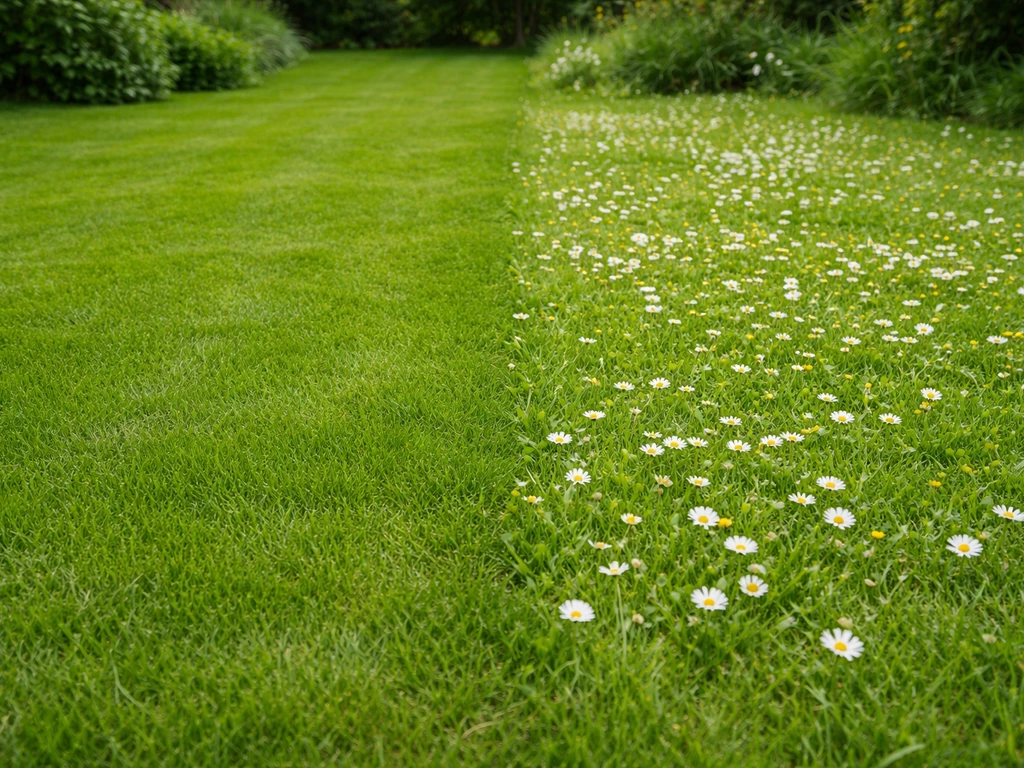 Jardin avec deux zones : pelouse classique dense à gauche et pelouse fleurie à pâquerettes à droite.