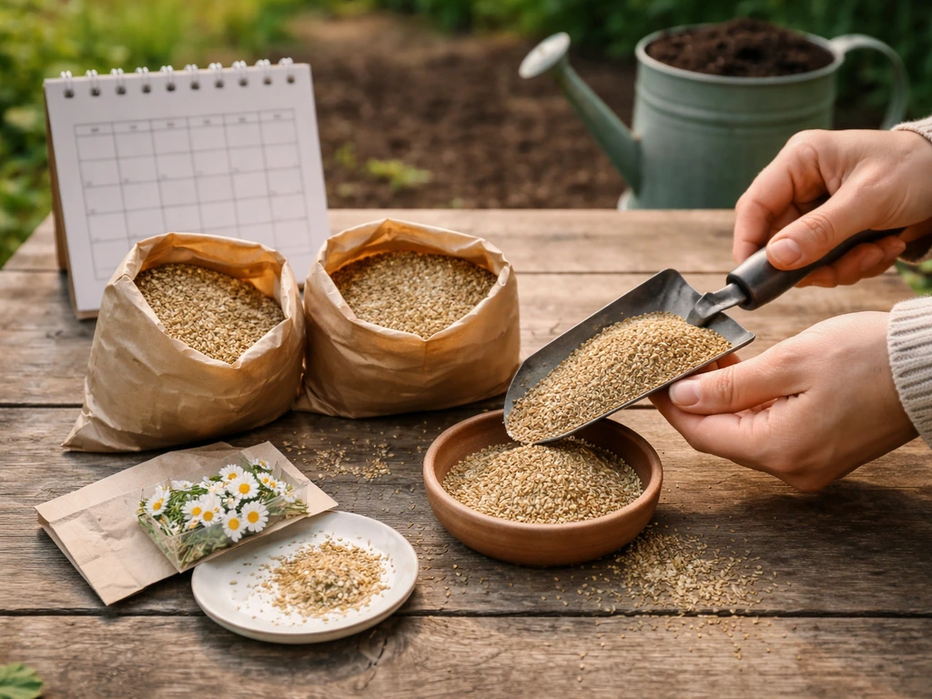 Graines et sachets d’un mélange gazon paquerettes prêts à semer, avec un petit calendrier sur table en jardin