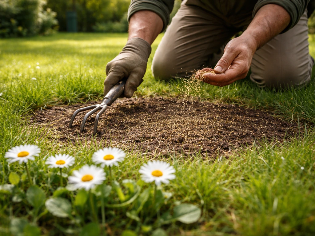 Mains d’un jardinier aèrent et regarnissent une petite zone du gazon, pâquerettes protégées, au printemps.