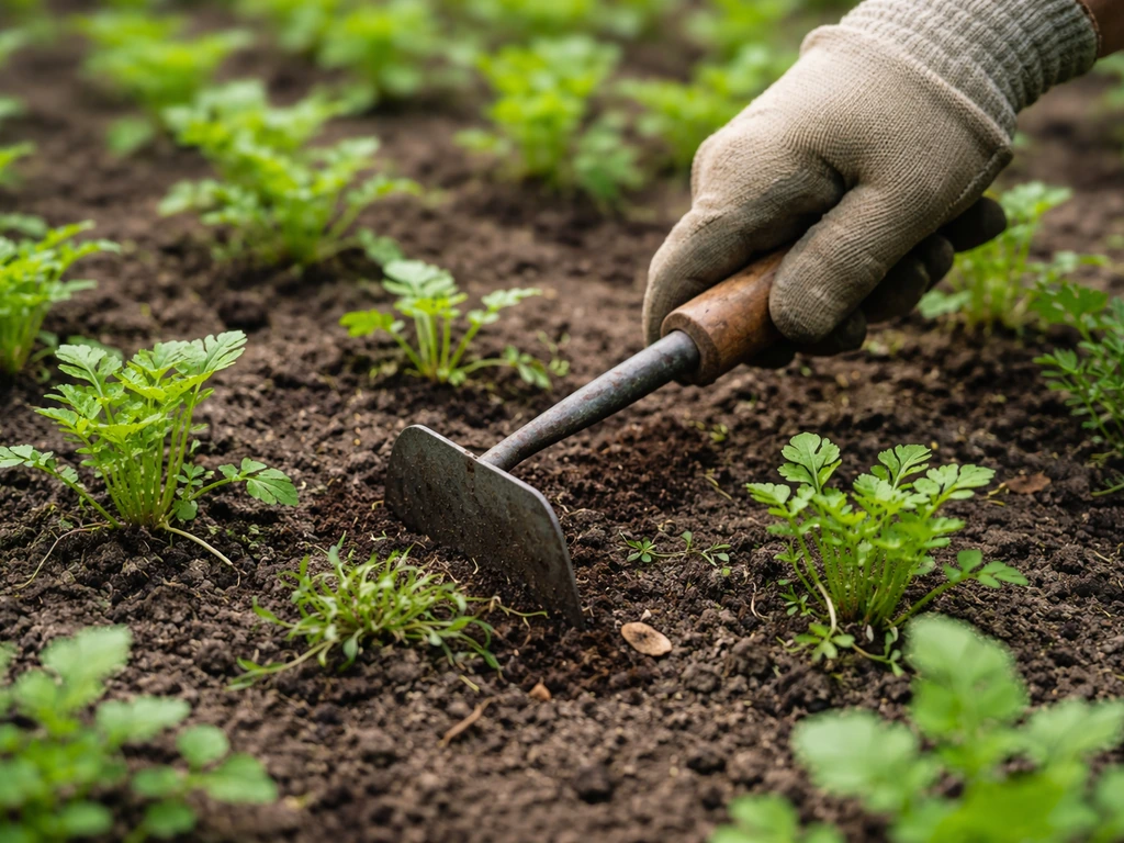 Main gantée désherbant entre de jeunes touffes avec une petite houe, sur une terre de jardin.