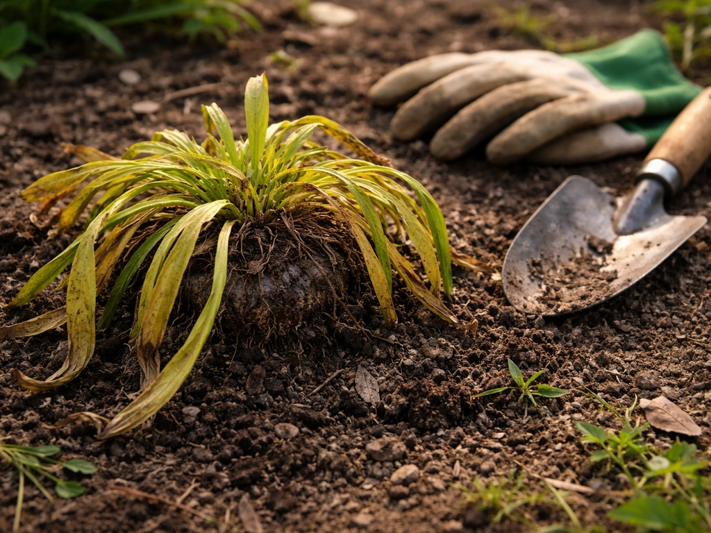 Touffe d’armérie avec feuilles jaunies et collet ramolli visible, outils de jardin à côté, photo réaliste au jardin.