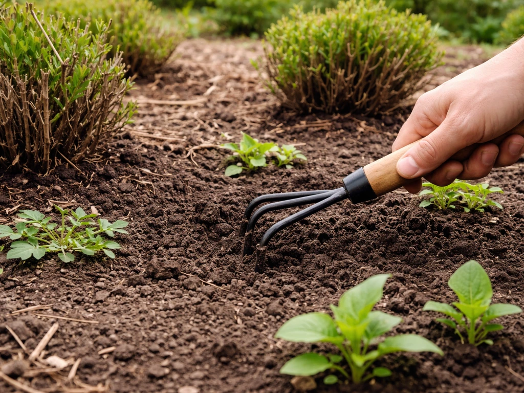 Désherbage manuel entre des touffes et regarnissage de jeunes plants dans un jardin, terre et paillis visibles.