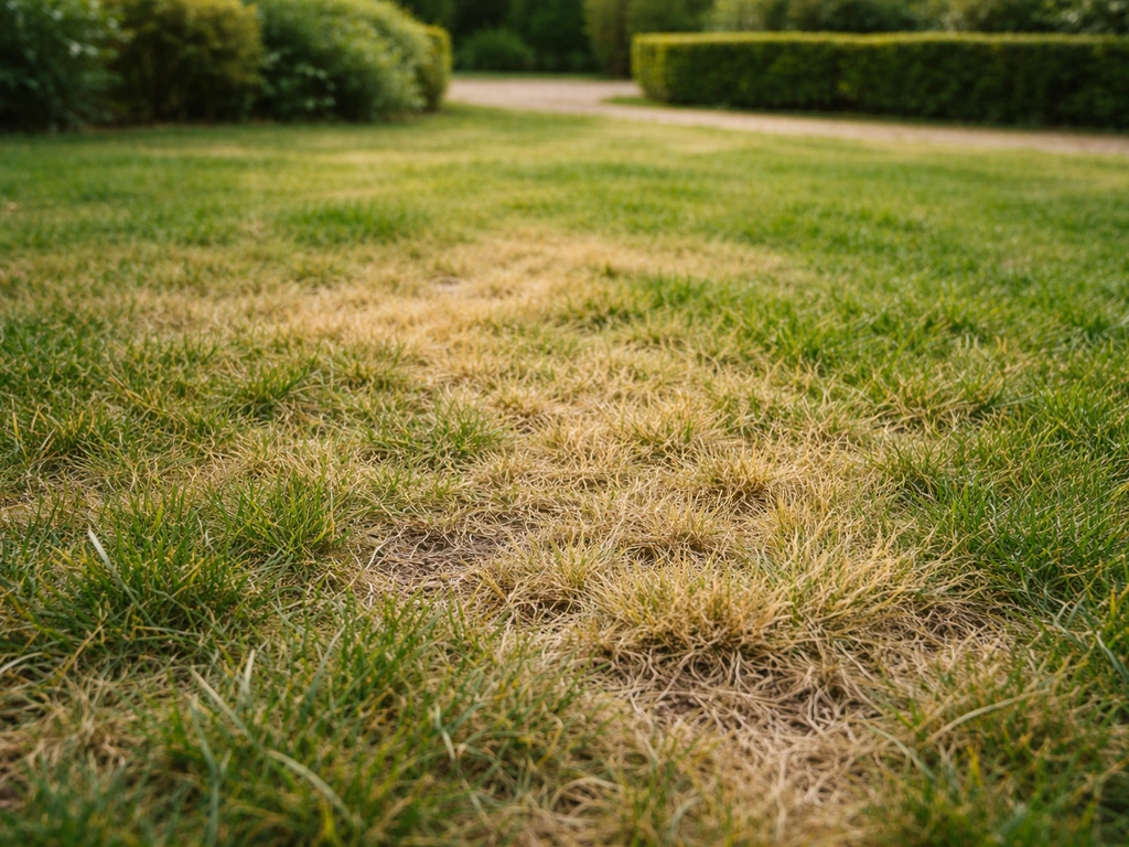 Pelouse jaunie avec zones grillées et contrastes de sécheresse dans un jardin français, vue rapprochée.