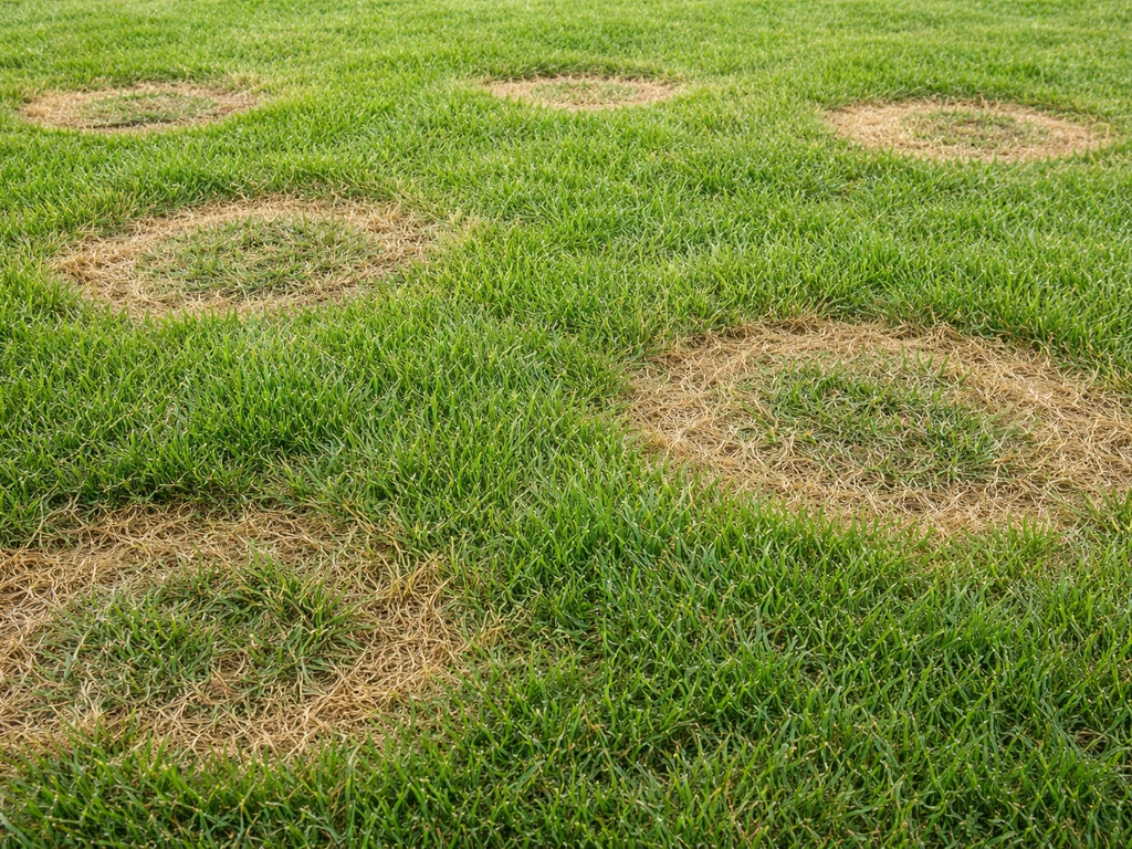 Gros plan sur des taches brunes circulaires sur une pelouse verte, aspect anneau distinct