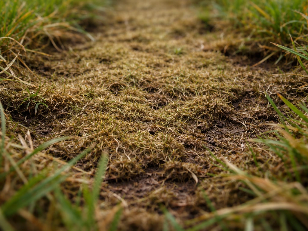 Gros plan d’un feutre de pelouse épais entre les brins, avec le sol sombre et compact.