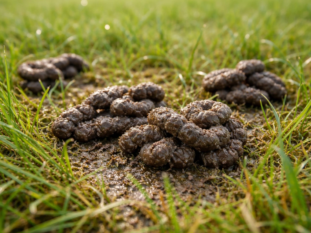 Gros plan de turricules de ver de terre sombres et humides sur une pelouse, boudins granuleux légèrement enroulés.