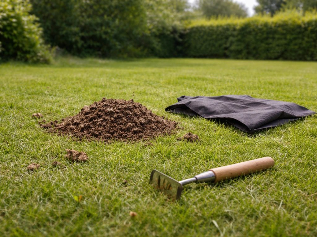 Monticule et turricules de vers de terre sur pelouse, outil de jardin au premier plan et paillage sombre près de la zone