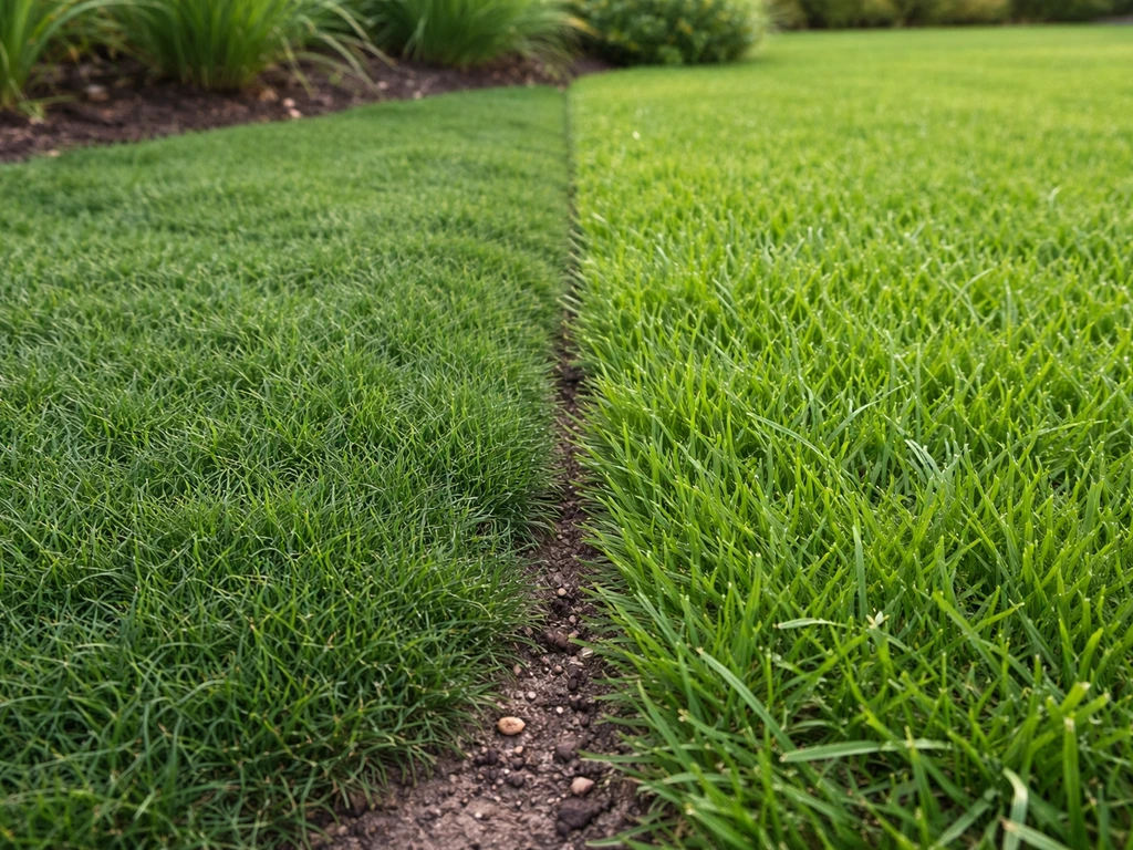 Comparaison dans un jardin : Zoysia aux feuilles fines façon velours vs gazon classique aux brins plus larges.